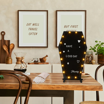 Colarr Coffin Black Felt Letter Board Built in LED Lights with Stand Halloween Decor, 500+ Characters White Precut Halloween Letter Board Home Decor with Linen Storage Bag 16.54 x 10.47 Inch