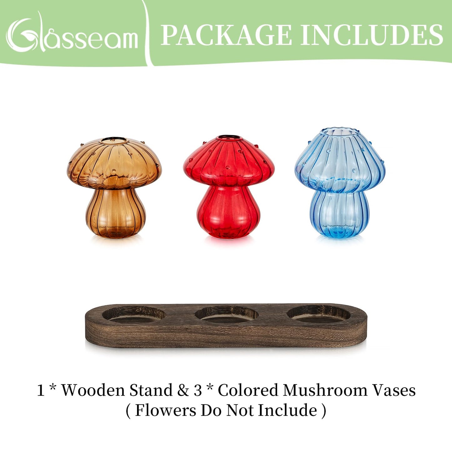 Glasseam Mushroom Plant Propagation Station: Glass Plant Terrarium Jar with Wood Stand Unique Hydroponic Planters for Indoor Plants Cute Propagation Vase for Plant Lovers Home Office Decor 3Pcs