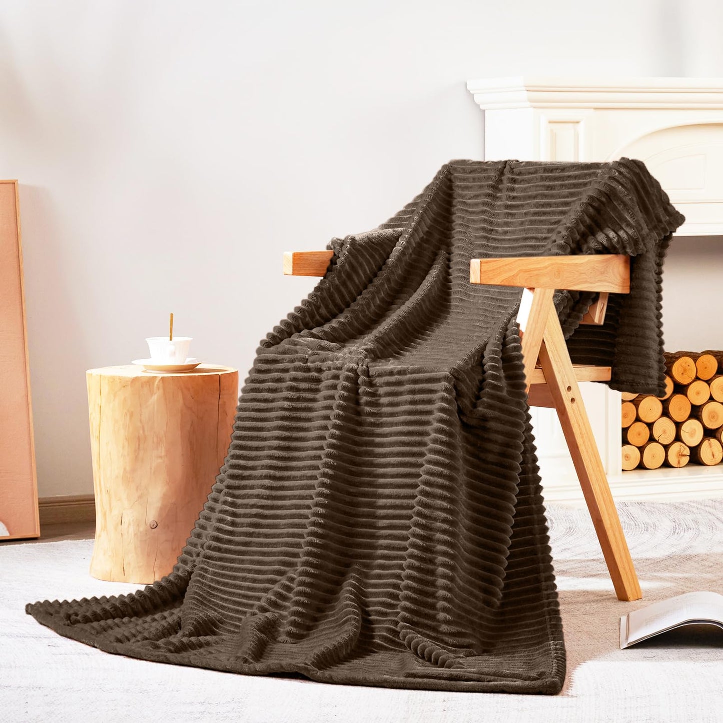 Bnuitland Brown Flannel Throw (50X70 inches) with Storage Pouch,300GSM Super Soft Fleece Stripe Pattern Sofa Blanket for Adults and Kids, Lightweight Cozy Bed Throw for Home Decor All Season