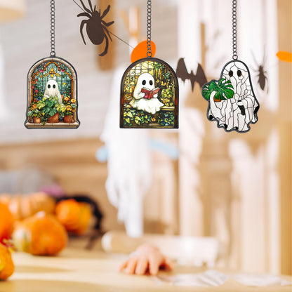 Bucherry 3 Pcs Halloween Ghost Suncatcher Halloween Stained Glass Plant Reading Book Glass Suncatcher Window Hangings Ornaments Cute Ghost Plant Hanging Decor for Home Office Kitchen Living Room Wall