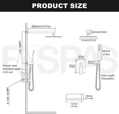 Brushed Gold Shower System with 10-Inch Rain Showerhead and Tub Spout | cUPC-certified pressure balance brass valve to prevent scalding, CEC-certified air injection technology for low pressure