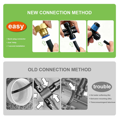 Torioweg Brass Connector Drip Irrigation System, Quick-Connect Garden Watering System Kit with Adjustable 360° Umbrella & Drip Emitters for Greenhouse, Garden Grid, Lawn, Potted Plant (15FT+ 50FT)