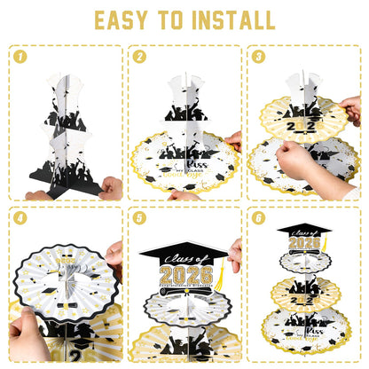 Crafterlife Set of 2 Graduation Cupcake Stand for 50 Cupcakes Black Gold Graduation Cap Decorations Cardboard Cake Dessert Holder Tower for Class of 2026 Congrats Grad Party Supplies