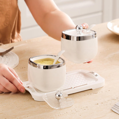 shuqiao Porcelain Condiment Jar Spice Container with Lid - Ceramic Spoon, Plastic Tray is the best clay pot for your home, kitchen, counter. White, 280 ml (9.4 oz), 2-piece set (3, Circle)