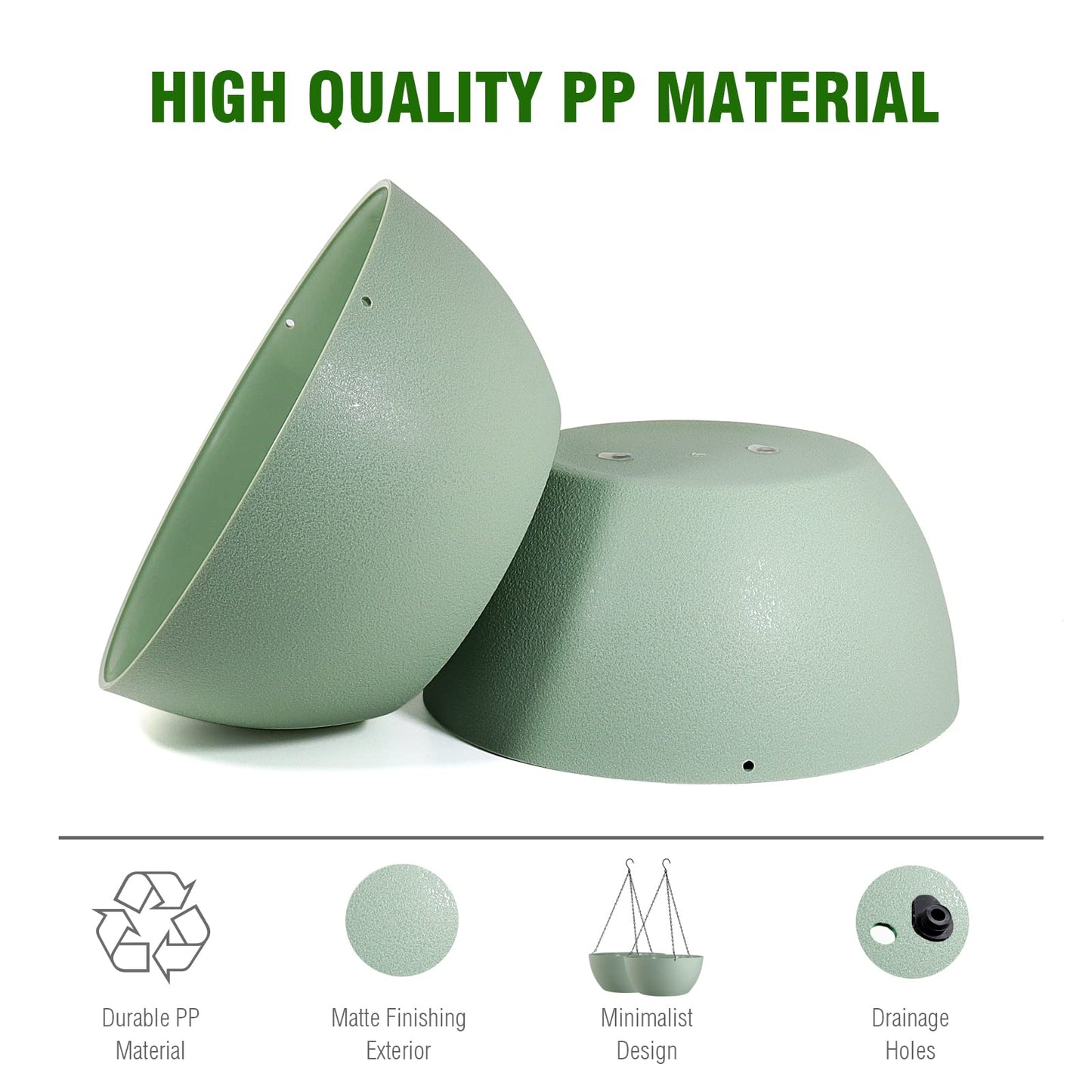 WOUSIWER 13 inch 2 Pack Large Hanging Planters for Indoor Outdoor Plants with Drainage Holes and Chain, Round Hanging Flower Pots for Garden Home Porch Decor, Green