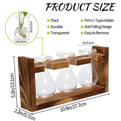 Plant Propagation Station Plant Terrarium Unique Birthday Gifts for Women Home Office Decor Planter with Wooden Stand - 3 Bulb Glass Vase