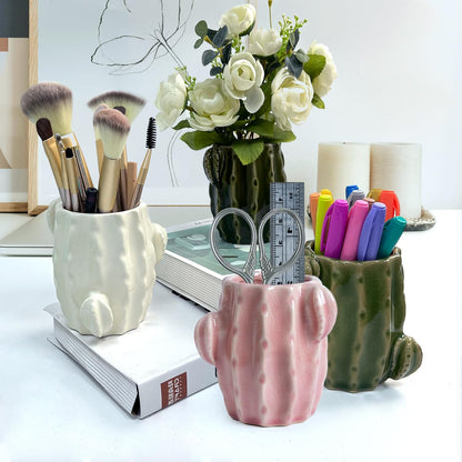 Cactus Toothbrush Holder for Bathrooms，Ceramic Toothpaste Holder Cute Toothbrush Holder Set,for Bathroom Counter and Desk Office Fun Decor Desk Organizer, Makeup Brush Holder - Dark Green