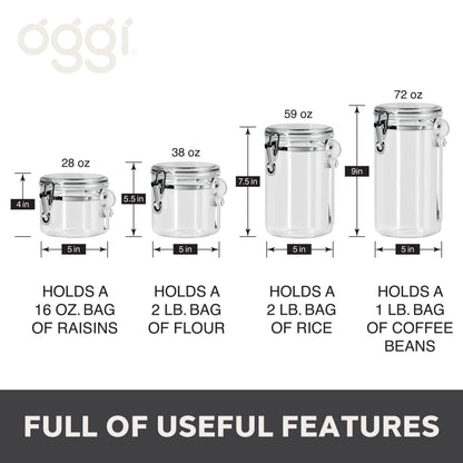 Oggi 4pc Clear Canister Set with Clamp Lids & Spoons - Airtight Food Storage Containers, Ideal for Kitchen & Pantry Storage of Bulk, Dry Food Including Flour, Sugar, Coffee, Rice, Tea, Spices & Herbs