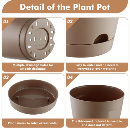 KvyusFlourish 5 Pack 4/5/6/7/8 Inch Plant Pots with Drainage Holes and Saucers Plastic Flower Pots for Indoor Plants Garden Planters Modern Houseplant Pots, Chocolate, Mixed Set