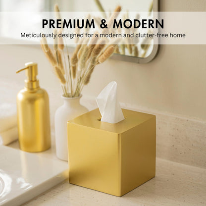 Yew Design Gold Square Tissue Box Cover, Decorative Tissue Box Dispenser for Bathroom, Parlors, Office, Bedroom Dresser, Vanity Countertop, Nightstand, Car, and Desk