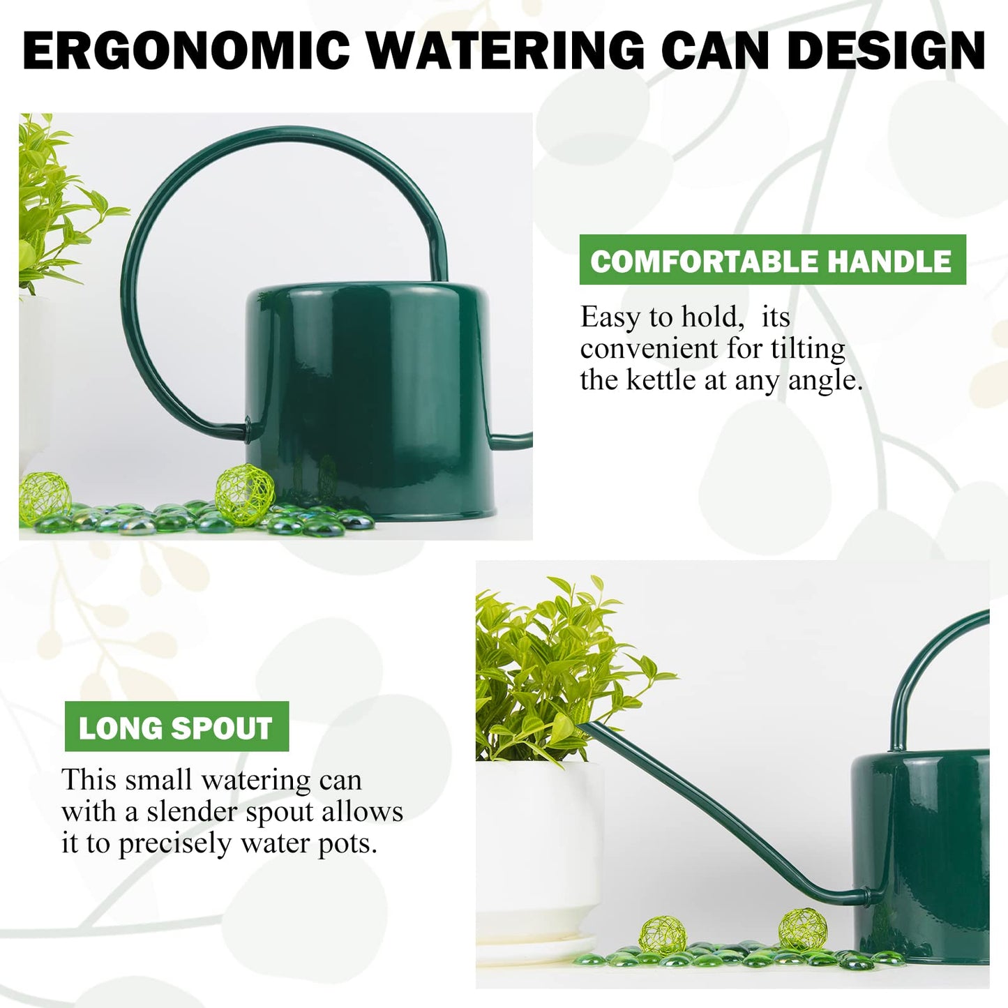 Lechloris Indoor Watering Can for Houseplants - Long Spout Metal Watering Can for Indoor Plants,Succulents or Outdoor Garden Flower, 1.3L / 40 oz Green