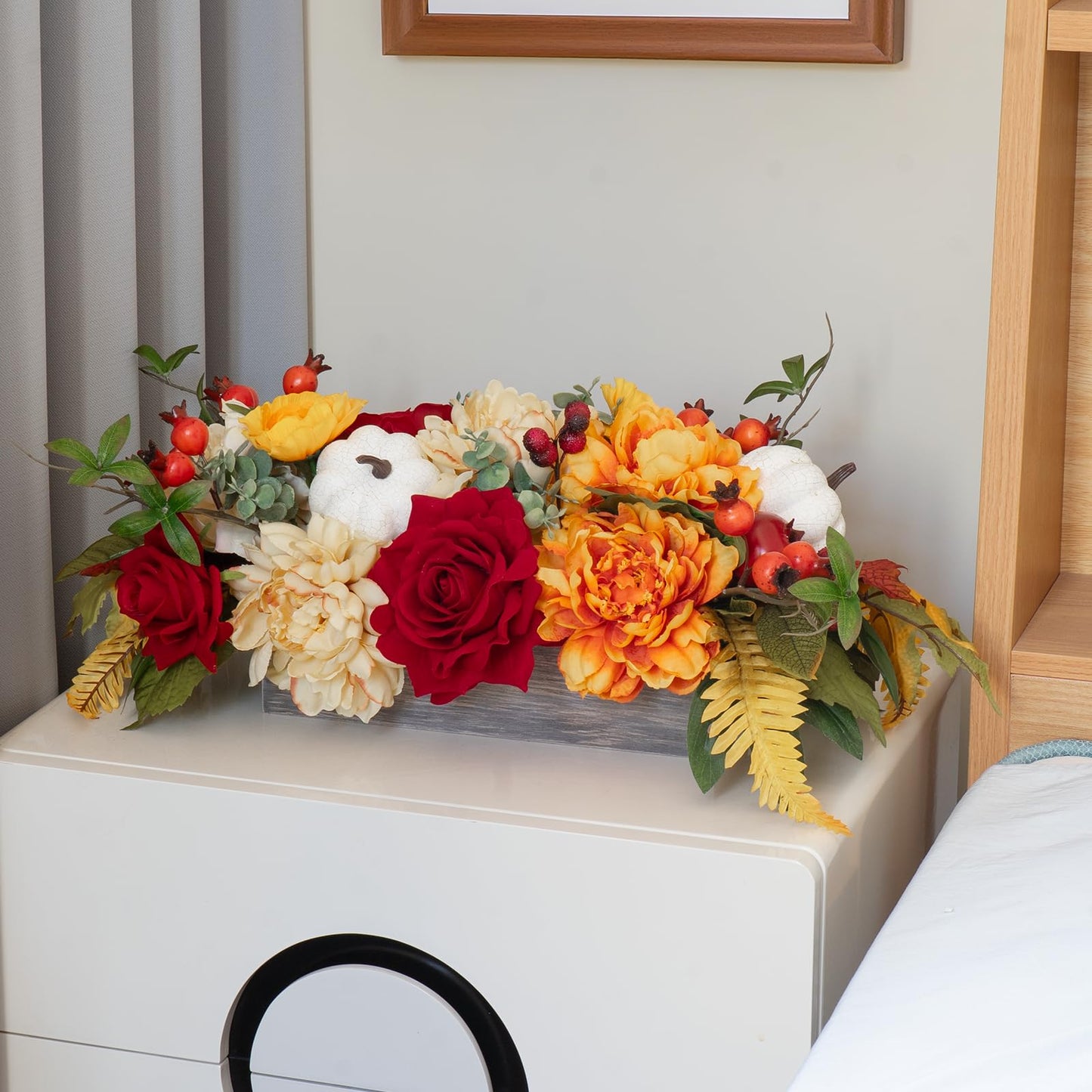 PureCosy Fall Centerpiece for Table, Handmade Realistic Silk Floral Arrangement with Peonies, Roses, Berries & Foam Pumpkins Thanksgiving Centerpiece and Autumn Harvest Table Decor for Dining Table