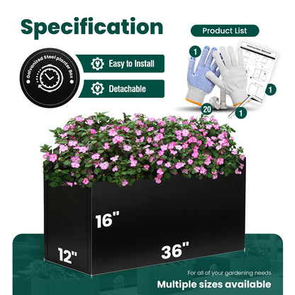 Black Planter Box Galvanized Steel Rectangular Metal Planter 36" L x 12" W x 16" H Indoor Large Outdoor Planters Steel Heavy Rectangle Planter Commercial Residential for Plants, Patio, Yard, Garden