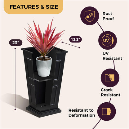 23" Tall Metallic Planter for Outdoor Plants Set of 2, Tapered Steel Flower Pot with Removable Middle Partition Drainage Holes, Large Metal Planters for Front Porch, Garden, Patio, Balcony, Black