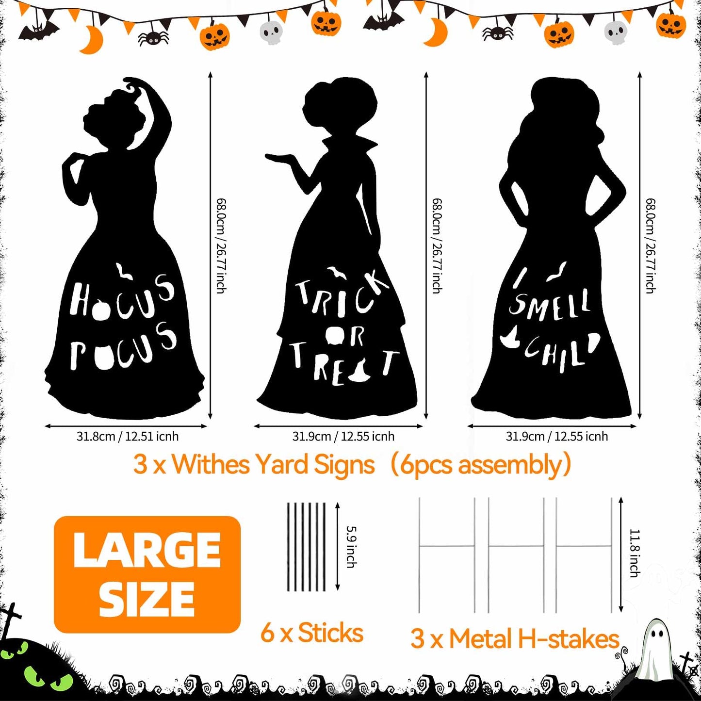 3 Pcs Halloween Witches Yard Stakes Large Witches Lawn Decorations Black Witches Silhouette Yard Signs with H-Stakes, Outside Waterproof Lawn Garden for Boys Girls Home Party Outdoor