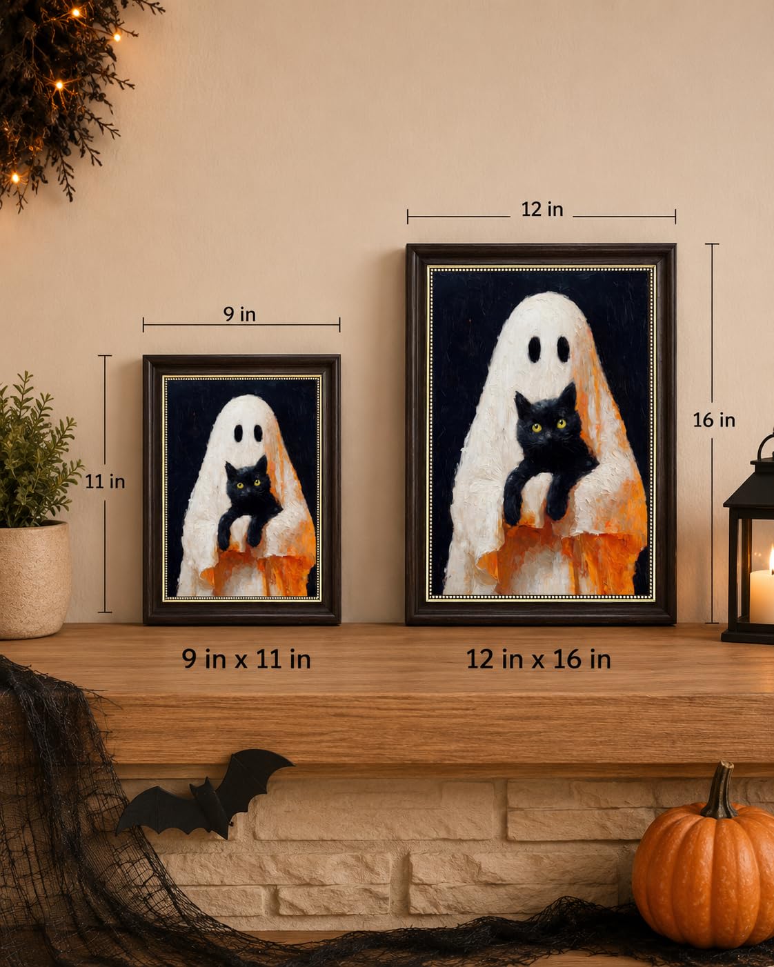 Ghost and Black Cat Wall Art 9x11, Dark Brown Framed Canvas Print, Cute Spooky Ghost Holding Cat Picture, Halloween Room Decor for Cat Lovers