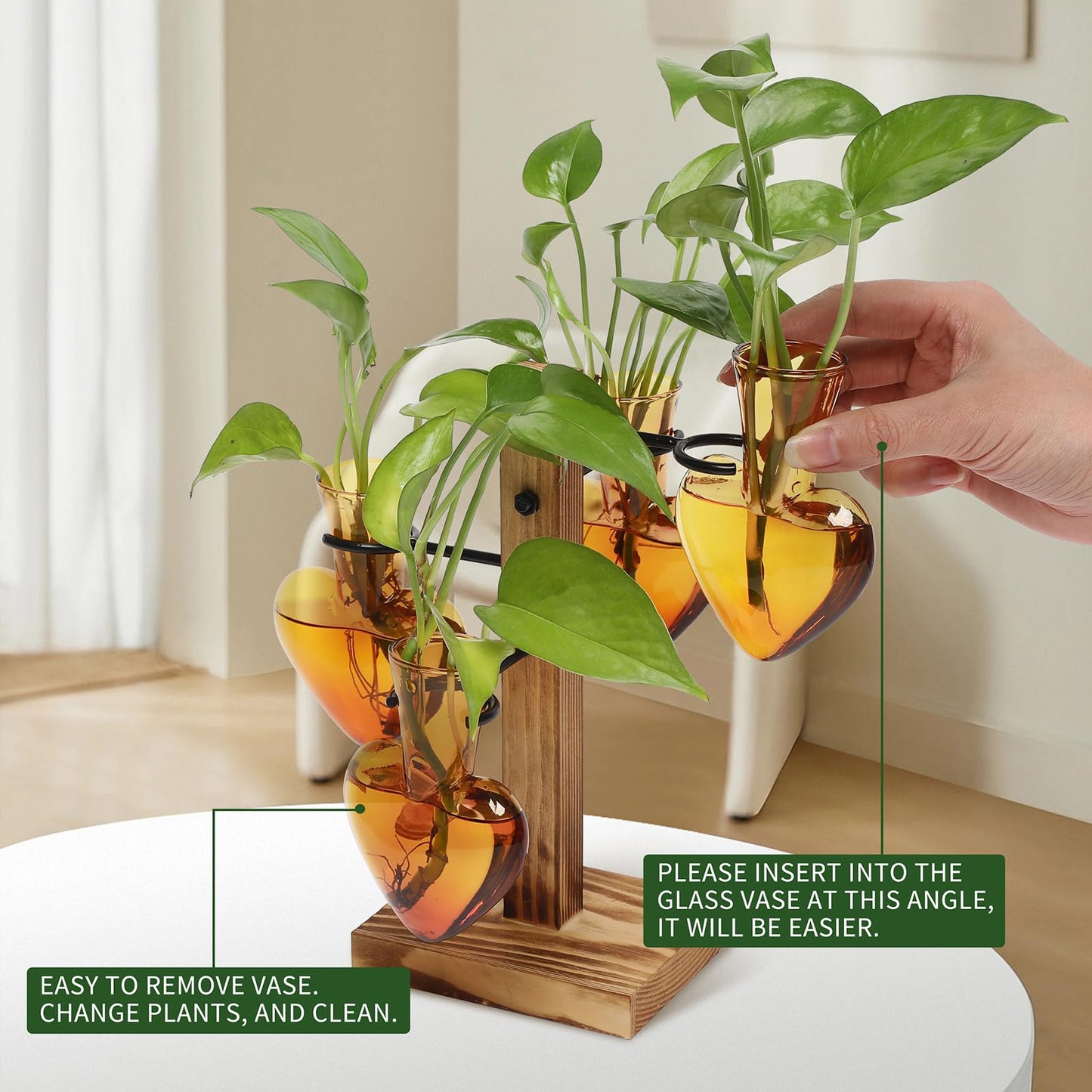 CYZglass Plant Terrarium Propagation Stations with Wooden Stand, Glass Vase for Indoor Hydroponics Home Garden Office Decoration Gift for Women - 4 Love Bulb Vase