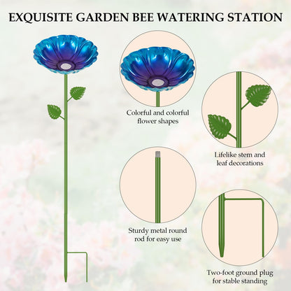 Bee Watering Station | 4 Pack Bee Baths for Garden | Metal Flowers Decorative Garden Stakes | Butterfly Feeder for Outside Garden Yard Decor (Red,Green,Blue,Yellow)