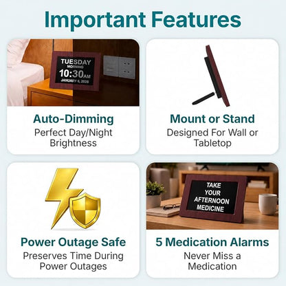 American Lifetime New 2026 Dementia Clock Large Digital Clock for Seniors, Alzeimer Clock Large Display with Custom Alarms, Clock with Day & Date for Elderly, Digital Calendar Mahogany, 15 Inch