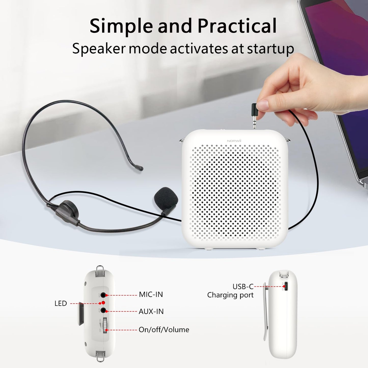Norwii Bluetooth Voice Amplifier, Power Amplifiers, Portable Mini Wired Microphone Headset for Teacher Classroom & Outdoor Lectures, Teaching, Tour Guides, USB-C Rechargeable - 2000mAh, White