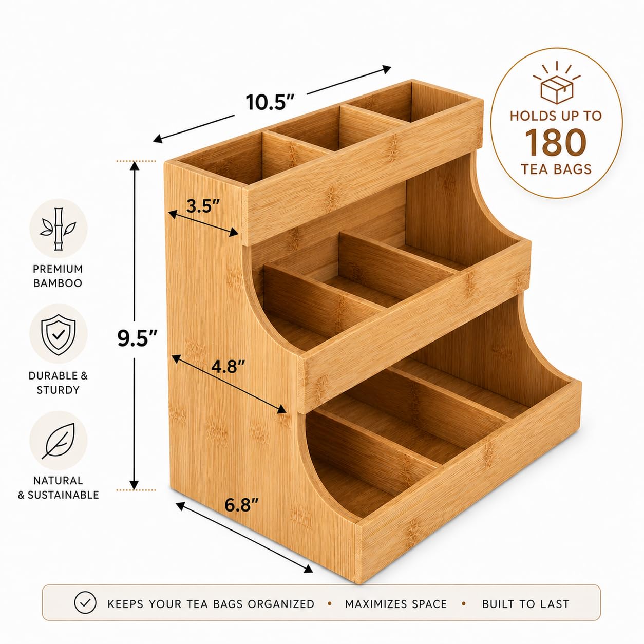 Theodore Tea Bag Organizer – Wooden Tea Organizer and Storage for Home, Kitchen, Office – 180 Tea Bag Holder - Vertical Display Tea Box. Also for Coffee Pods, Sugar, Sweeteners and Creamers.