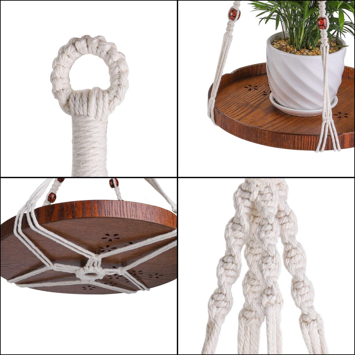 Hedume Macrame Plant Hanger with 2 Pack Ceiling Hooks, Indoor Outdoor Hanging Plant Holder with Large Tray for Succulents, Cacti, Small Plants, Boho Bohemian Home Decor with Wood Beads
