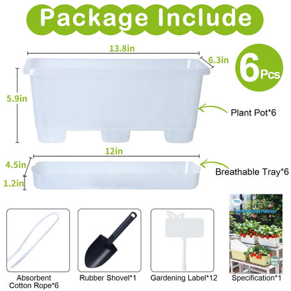 Oliz Window Box Planter 6 Packs, 13.8 Inches Rectangle Flower Pots with Drainage Holes & Trays, Pots for Vegetables, Herbs, Flowers, Garden Windowsill Balcony (Translucent White)