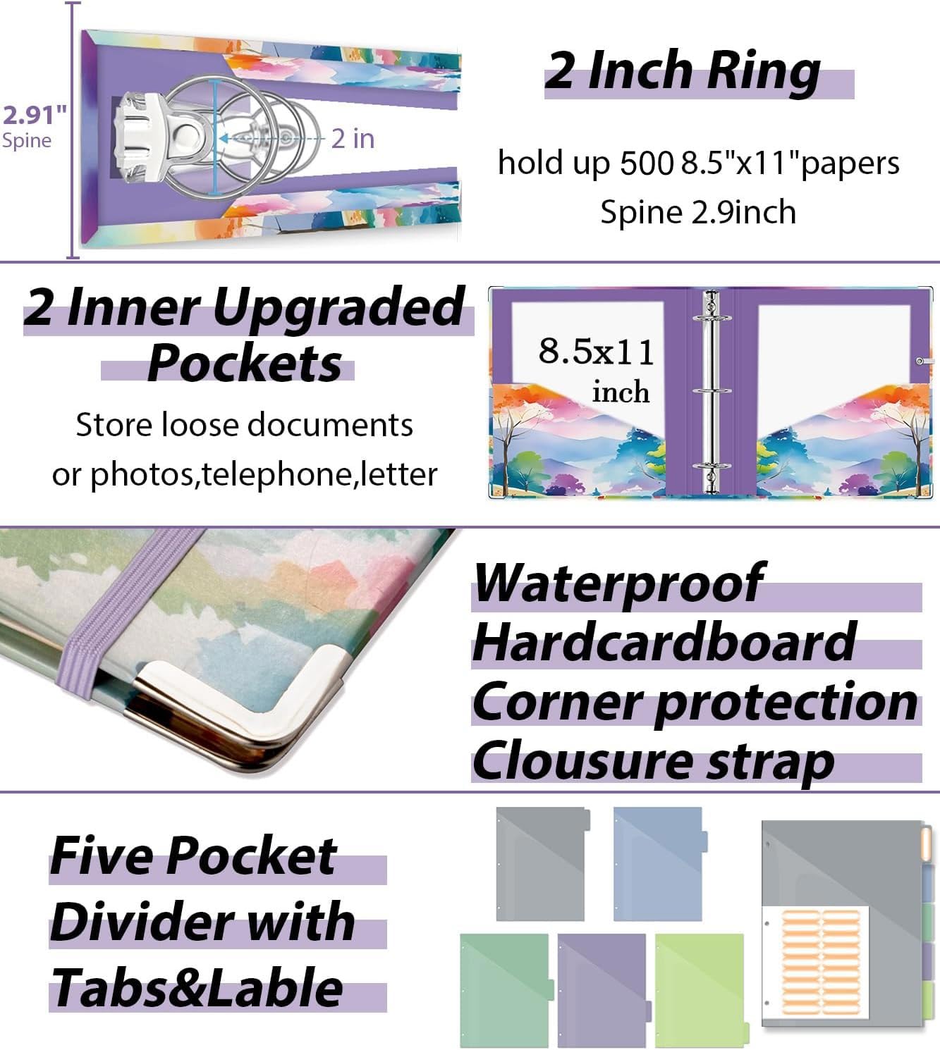 3 Ring Binder 2 Inch for 8.5"x11" Paper, Three Ring Binders with Clipboard, 5 Dividers with Tabs and Pockets, Decorative Binder with Pen Holder,Path