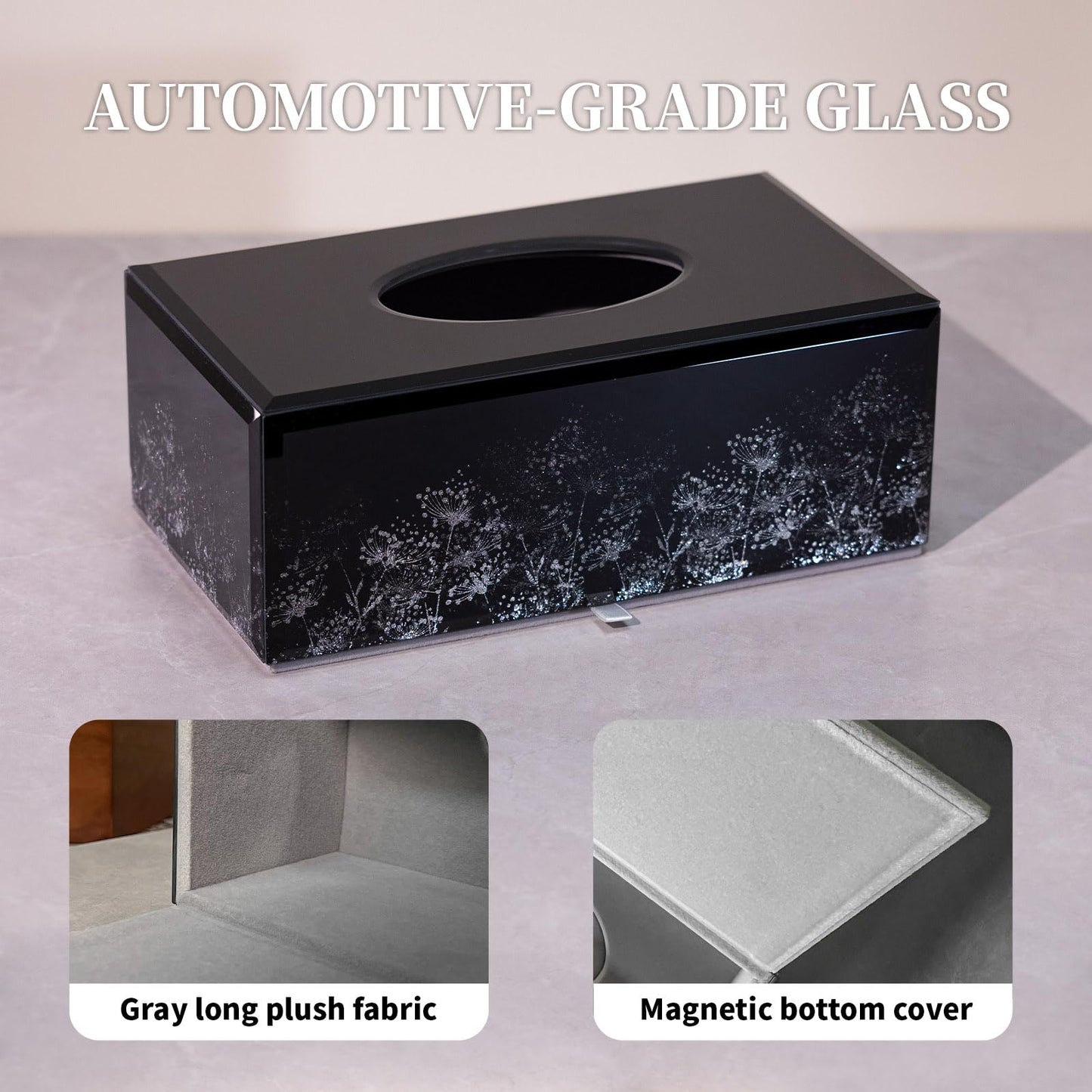 Timetrace Glass Tissue Box Cover Rectangle-Dandelion Pattern Decorative Tissue Holder with Velvet Lining for Home Decor, Bedroom, Kitchen, Office (Black)