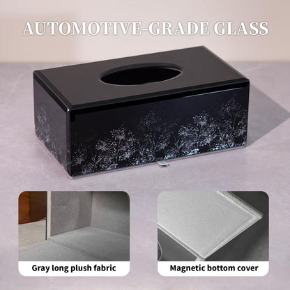Timetrace Glass Tissue Box Cover Rectangle-Dandelion Pattern Decorative Tissue Holder with Velvet Lining for Home Decor, Bedroom, Kitchen, Office (Black)