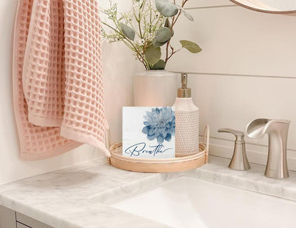 Mtrgdn Blue Bathroom Decor,Spa Bathroom Decor and Accessories,Breathe Blue Flower Wooden Box Sig for Home Spa Room Beauty Salon Decoration,5X5 Inch