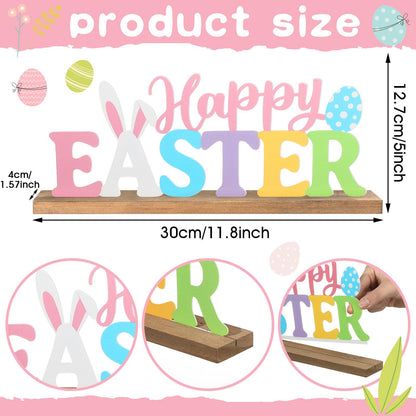 MiniInflat Happy Easter Metal Sign Rustic Table Decor Holiday Tiered Tray Decor with Wooden Base Freestanding Metal Word Sign for Home Tabletop Centerpiece Mantel Shelf Fireplace