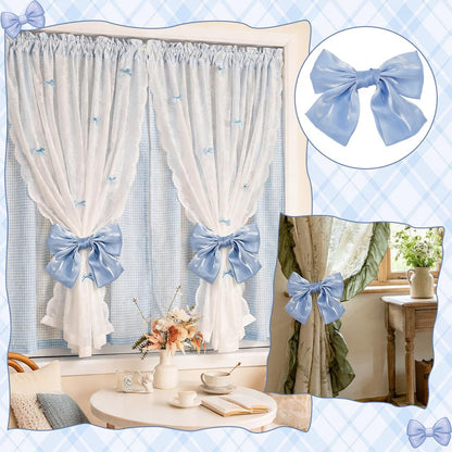 EVERJOYCRAFT 2pcs Bow Curtain Tiebacks Clip French Silky Curtain Holdbacks Elegant Lace Ribbon Tie Backs Drapery Clip for Home Bedroom Offices Dining Rooms Wedding Party Decoration (Blue)