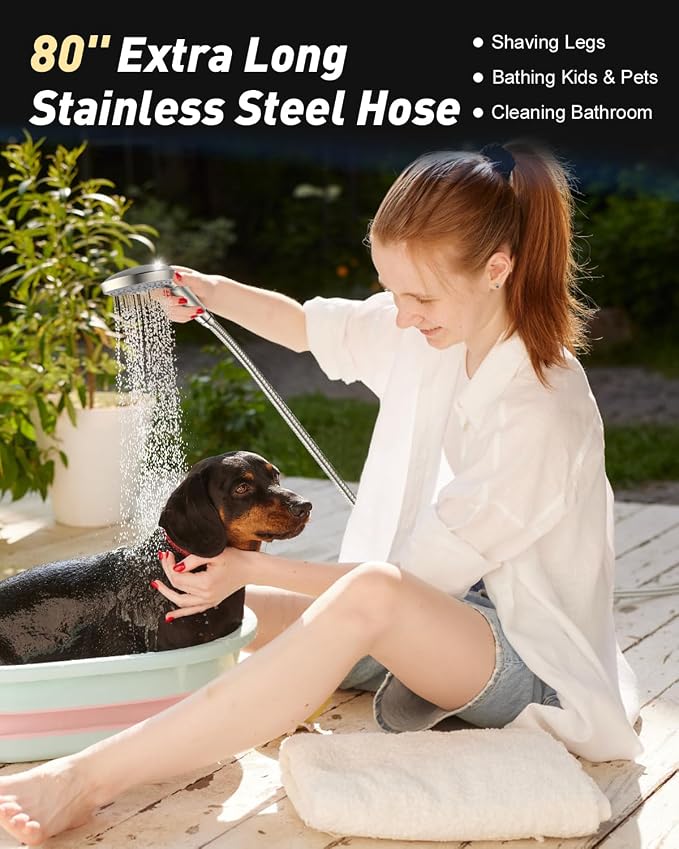 FASDUNT Shower Head with Handheld, High Pressure Handheld Shower Head with 80" Extra Long Stainless Steel Hose & Adjustable Bracket, Showerhead with ON/OFF Switch for Pets Bath, Brushed Nickel