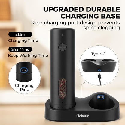 Elebatic 110ml Electric Salt and Pepper Grinder Set, Rechargeable salt and pepper shakers with LED Light, 2-Pack with Charging Base, External 6 Adjustable Coarseness, Holiday Gifts