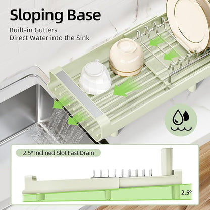 TOOLF Small Dish Drying Rack, Mini Expandable Compact Dish Rack, Slim Extendable Stainless Steel Dish Drainer for Kitchen Countertop, Space Saving Dish Strainer, Soft Celery Green