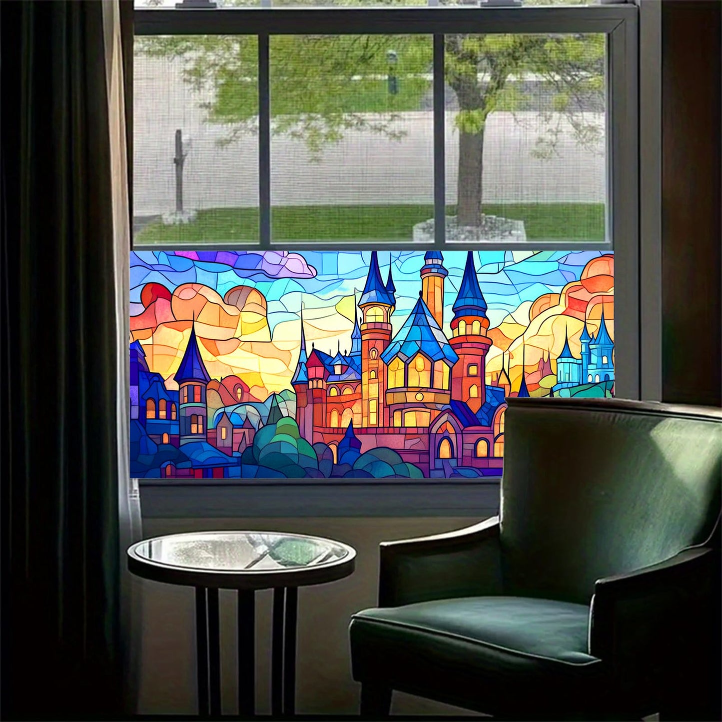 HOMETITUTE Stained Glass Castle Pattern Rainbow Window Film 39.3x17.7 inches Non-Adhesive Removable Reusable for Glass Door Home and Office Bedrooms PVC Static Cling Sticker