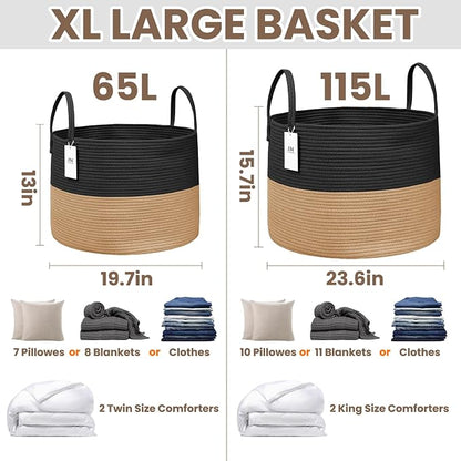 JMvicyroam 65L Extra Large Blanket Basket for Living Room - Woven Cotton Rope Laundry Hamper with Reinforced Handles - Storage Bin for Pillows, Comforters & Toys - Machine Washable,Black&Jute