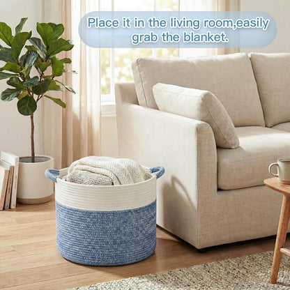 Artfeel 40L Large Cotton Rope Basket, Decorative Woven Blanket Storage for Living Room, Boho Toy Storage & Toy Box for Kids, Versatile Laundry Basket & Nursery Hamper for Blankets(DenimBlue)