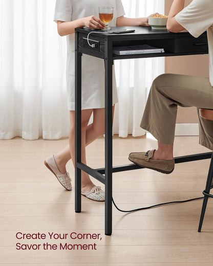 VASAGLE Bar Table with Power Outlets, 47.2 Inches Long Bar Height Pub Table, Rectangular High Top, with Movable Drawer, 2 Hooks, Narrow Storage for Kitchen, Dining, Entryway, Ebony Black