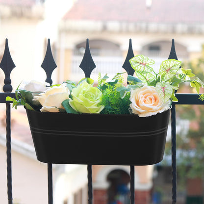 Holensun Railing Planter Box 16 Inch Metal Balcony Planters with Adjustable Brackets and Drainage Window Balcony Fence Deck Hanging Flower Pots for Outdoor Plants Apartment Patio Decor Black(4PCS)