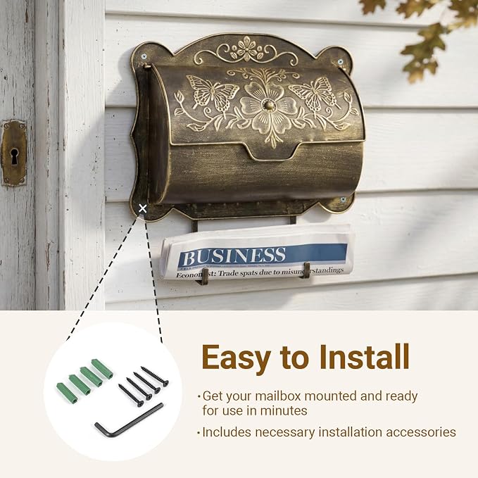 Wall Mount Mailbox with Newspaper Holder, Upgraded Embossed Vintage Mailbox Wall Mount, Butterfly & Floral Decorative Front Porch Antique Mailboxes, Mail Boxes for House Outside Garden