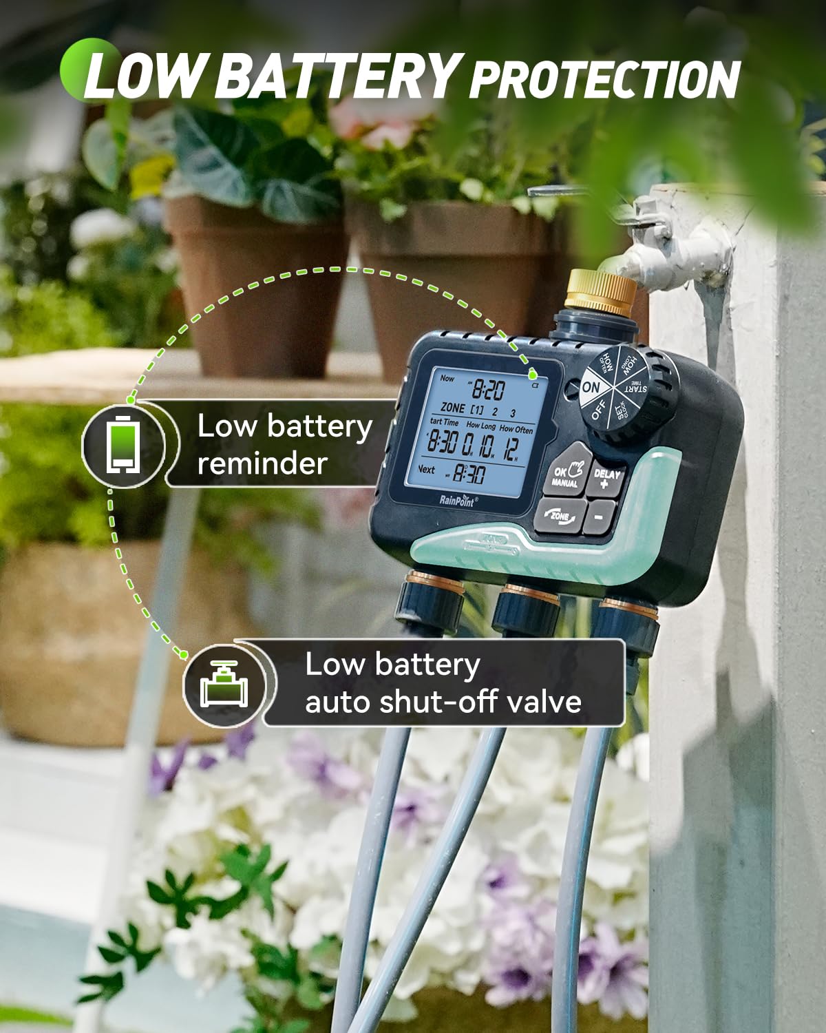 RAINPOINT 3 Zone Water Timer with Brass Inlet & Outlet, 3 Custom Watering Plans Sprinkler Timer, Featuring IP65 Waterproof,Rain Delay, Manual & Automatic Watering with Large LCD for Yard, 2026 Ver.