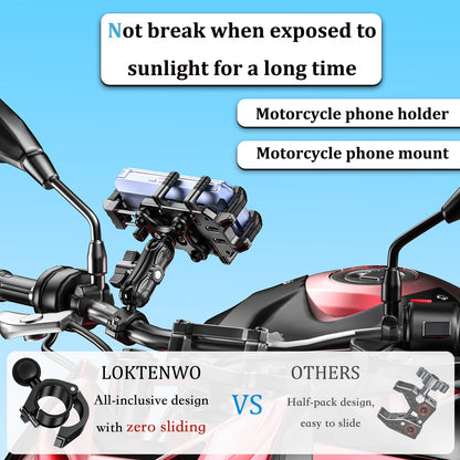 LOKTENWO Motorcycle Phone Mount with Vibration Dampener & Secure Lock, [Size Adjustable] [Larger & Thicker Phones Friendly ] Handlebar Cellphone Holder for ATV Scooter for 5.7''-8.5'' Smartphone