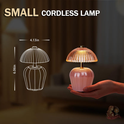 MJ PREMIER Rechargeable Table Lamp, Cordless Lamp with Timer, Mini Glass Mushroom Lampshade, Small Table Lamps, Decorative Led Light for Bedroom Living Room Shelf (Pink)