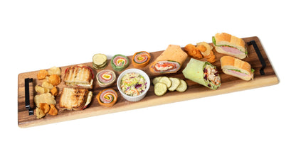 Lipper International 2031 Acacia Wood Serve Board with Black Handles for Cheese, Crackers, and Charcuterie, Rectangular 30" x 7" x 1"