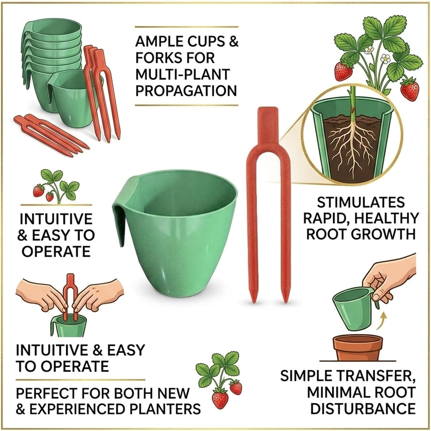 Strawberry Propagation Cups, with 20 Cups & 50 Forks and Gardening Tools, Hanging Strawberry Planter, for Bare Root Plants, Hanging Planter for Greenhouse & Home Garden (20pcs,Small)