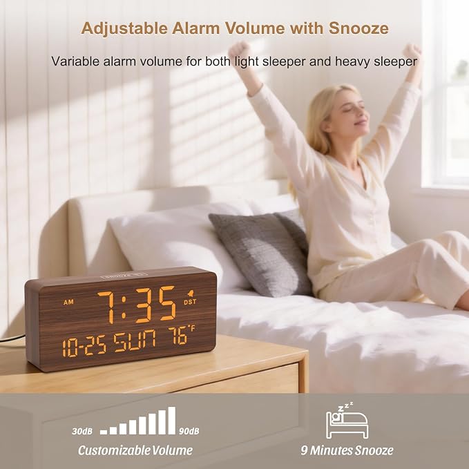 DreamSky Wooden Digital Alarm Clocks for Bedrooms with Date & Day of Week | Living Room Desk Clock, Temperature, USB Port, Dimmer Wheel, Adjustable Volume, Auto DST, Office Wood Decor (Plug-in)