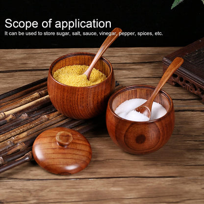 Kukyller 2PCS Wooden Salt Box with Lid Spoon, Sugar Bowl Pepper Seasoning Container, Wooden Salt Container for Kitchen Serving Condiment Chili Powder 2 * 4 * 3.5in