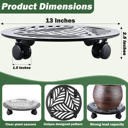 3 Packs 13 inches Large Metal Plant Caddy with PU Wheels Heav-duty Rolling Plant Stands Indoor Outdoor Wheeled Plant Dolly Coasters Flower Pot Mover Rollers Plant Trolley Cart, Plant Saucers Included